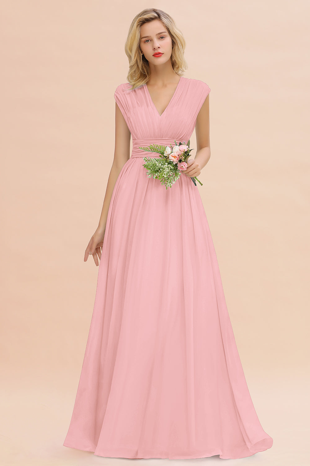 Elegant Chiffon V-Neck Ruffle Long Bridesmaid dresses Affordable