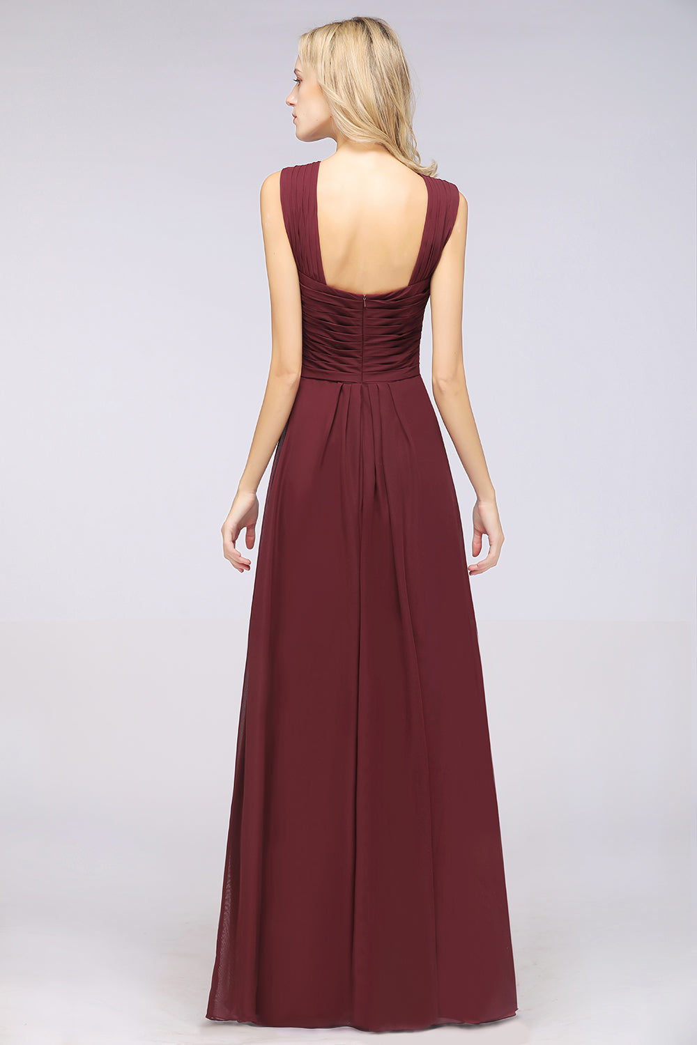 Elegant Chiffon V-Neck Straps Crisscross Burgundy Bridesmaid Dresses with Ruffle