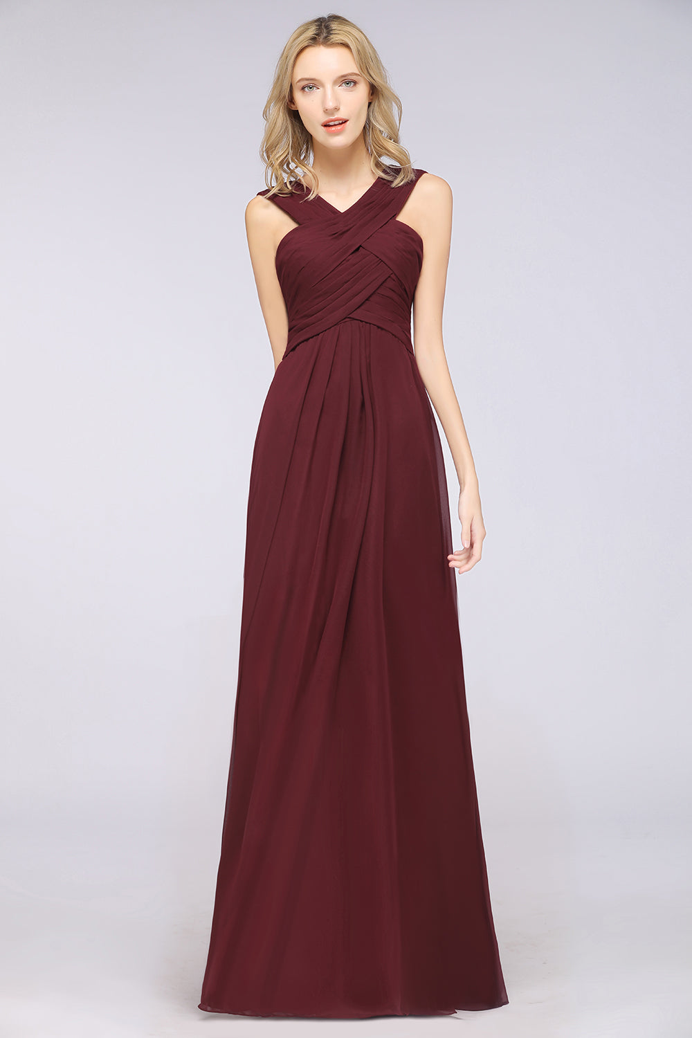 Elegant Chiffon V-Neck Straps Crisscross Burgundy Bridesmaid Dresses with Ruffle