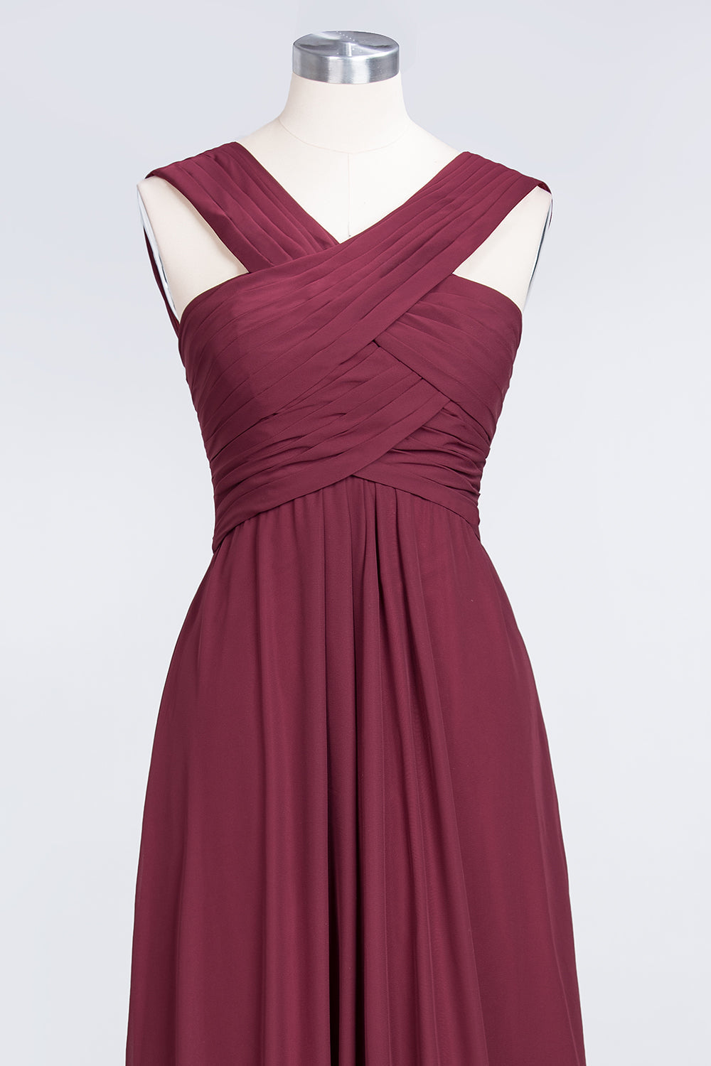 Elegant Chiffon V-Neck Straps Crisscross Burgundy Bridesmaid Dresses with Ruffle