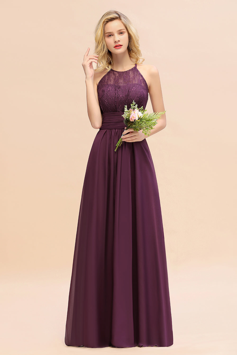 Elegant Halter Ruffles Sleeveless Grape Lace Bridesmaid dresses Affordable