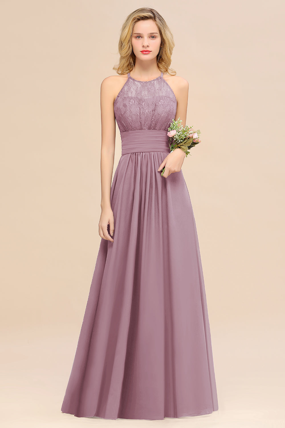 Elegant Halter Ruffles Sleeveless Grape Lace Bridesmaid dresses Affordable