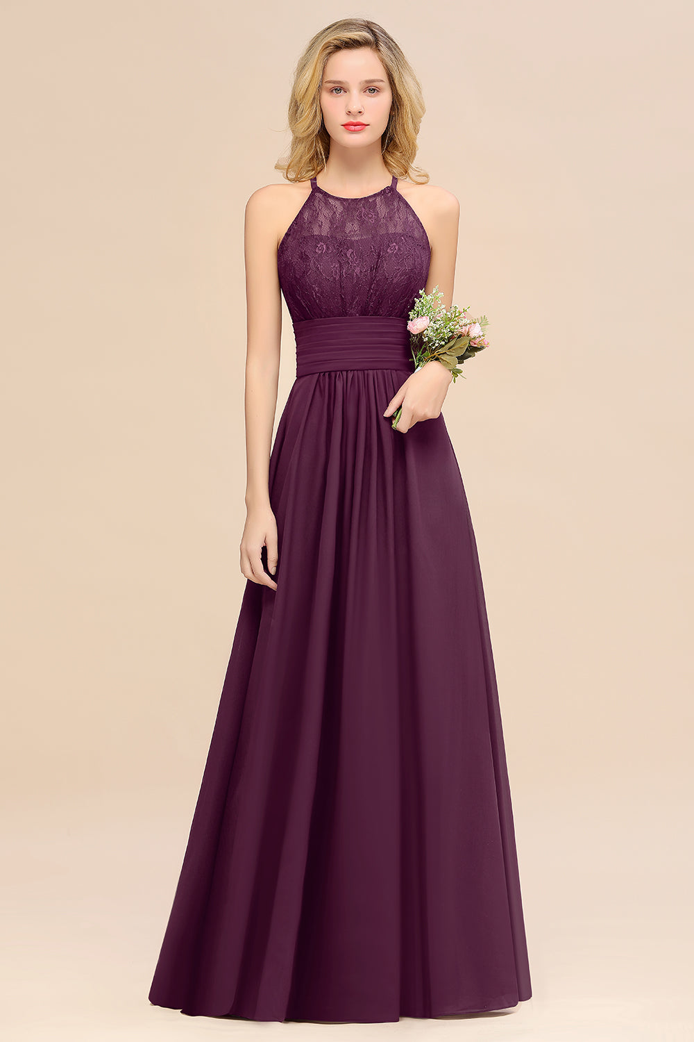 Elegant Halter Ruffles Sleeveless Grape Lace Bridesmaid dresses Affordable