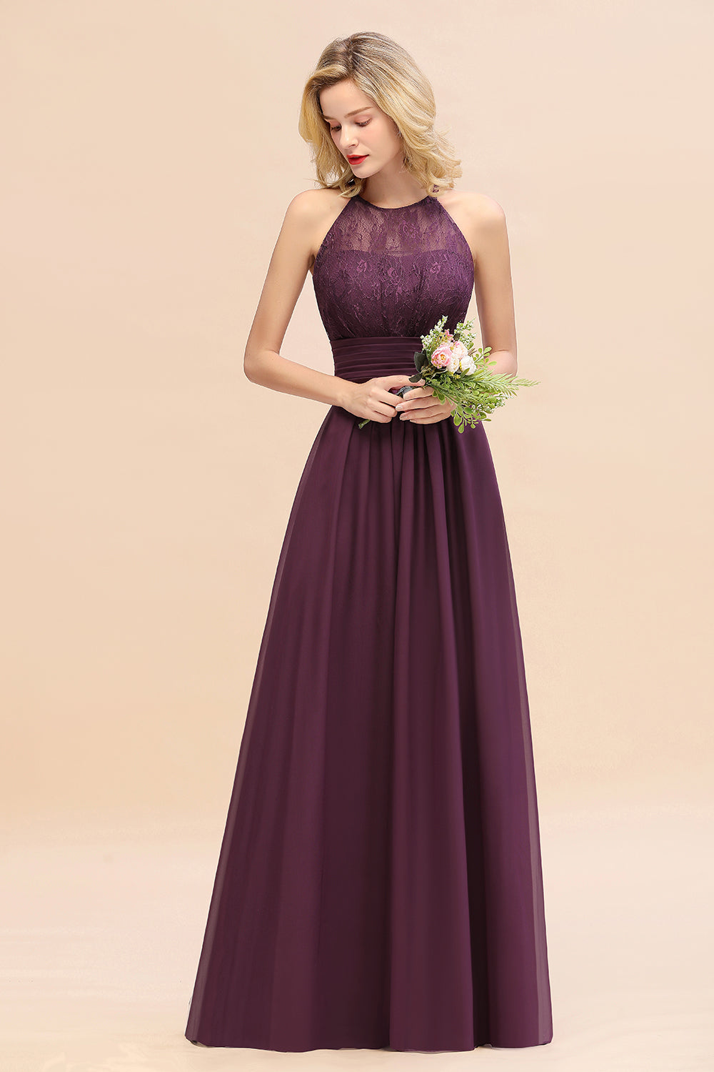 Elegant Halter Ruffles Sleeveless Grape Lace Bridesmaid dresses Affordable