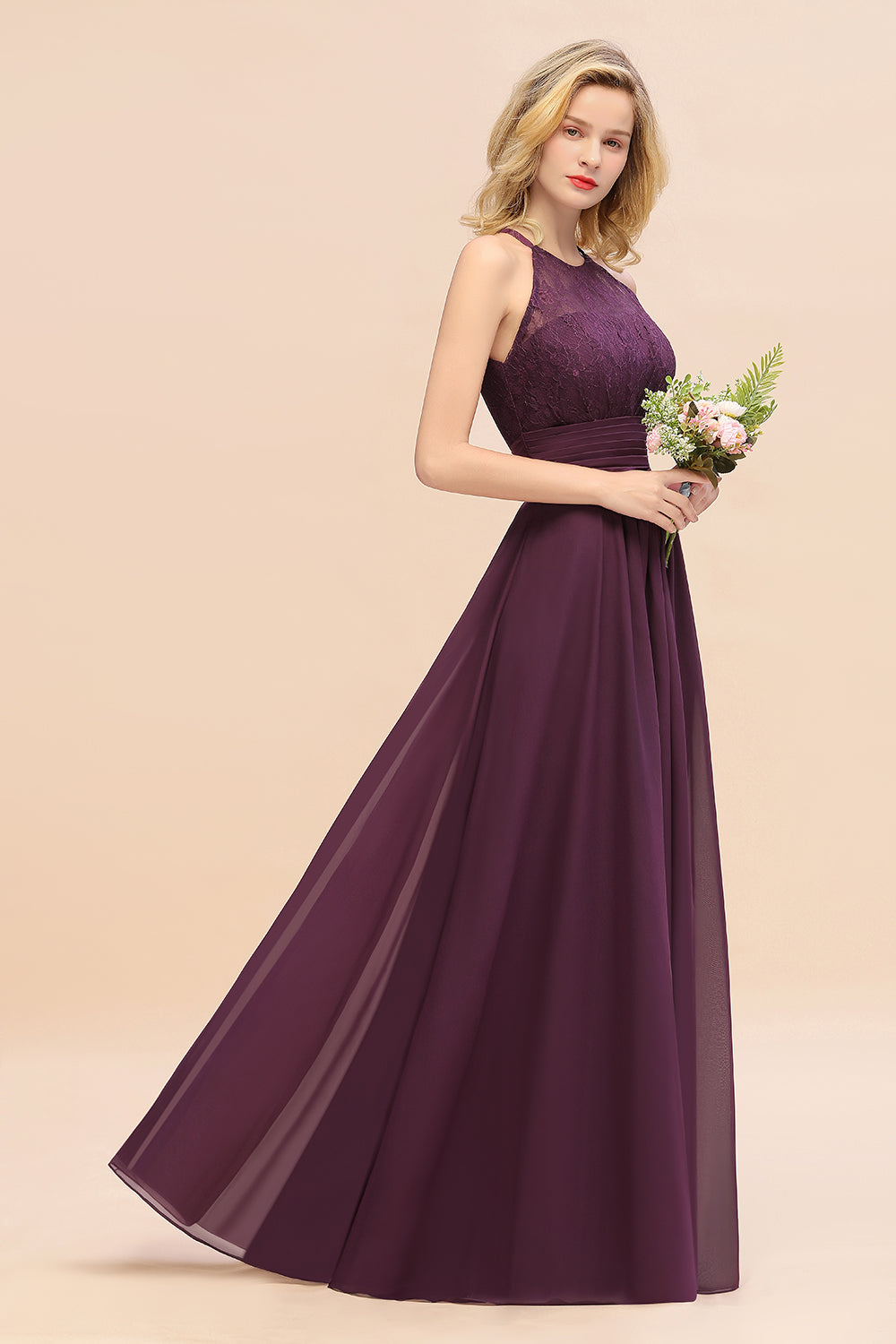 Elegant Halter Ruffles Sleeveless Grape Lace Bridesmaid dresses Affordable