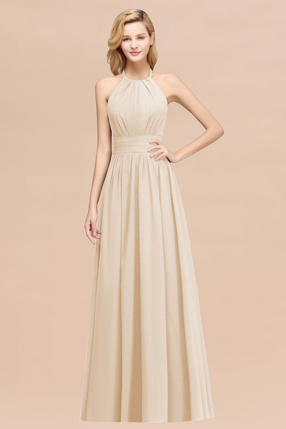 Elegant High-Neck Halter Long Affordable Bridesmaid dresses with Ruffles