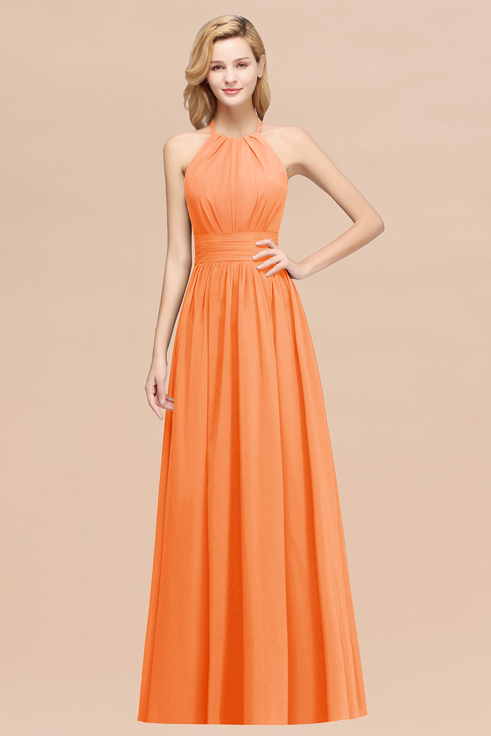 Elegant High-Neck Halter Long Affordable Bridesmaid dresses with Ruffles