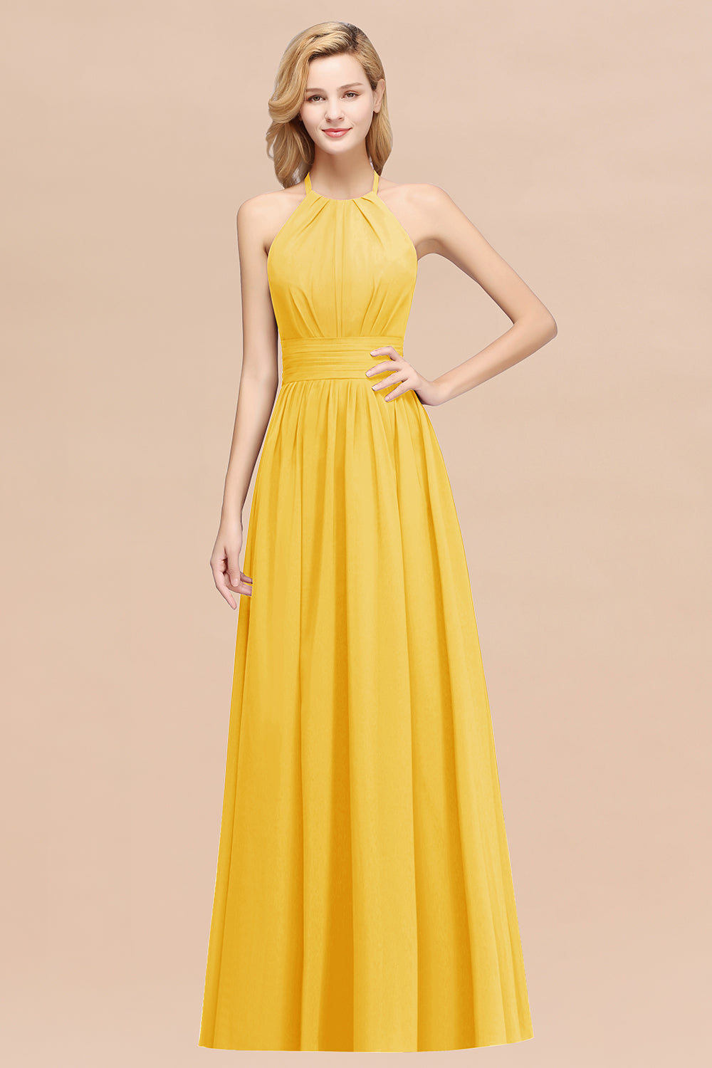 Elegant High-Neck Halter Long Affordable Bridesmaid dresses with Ruffles