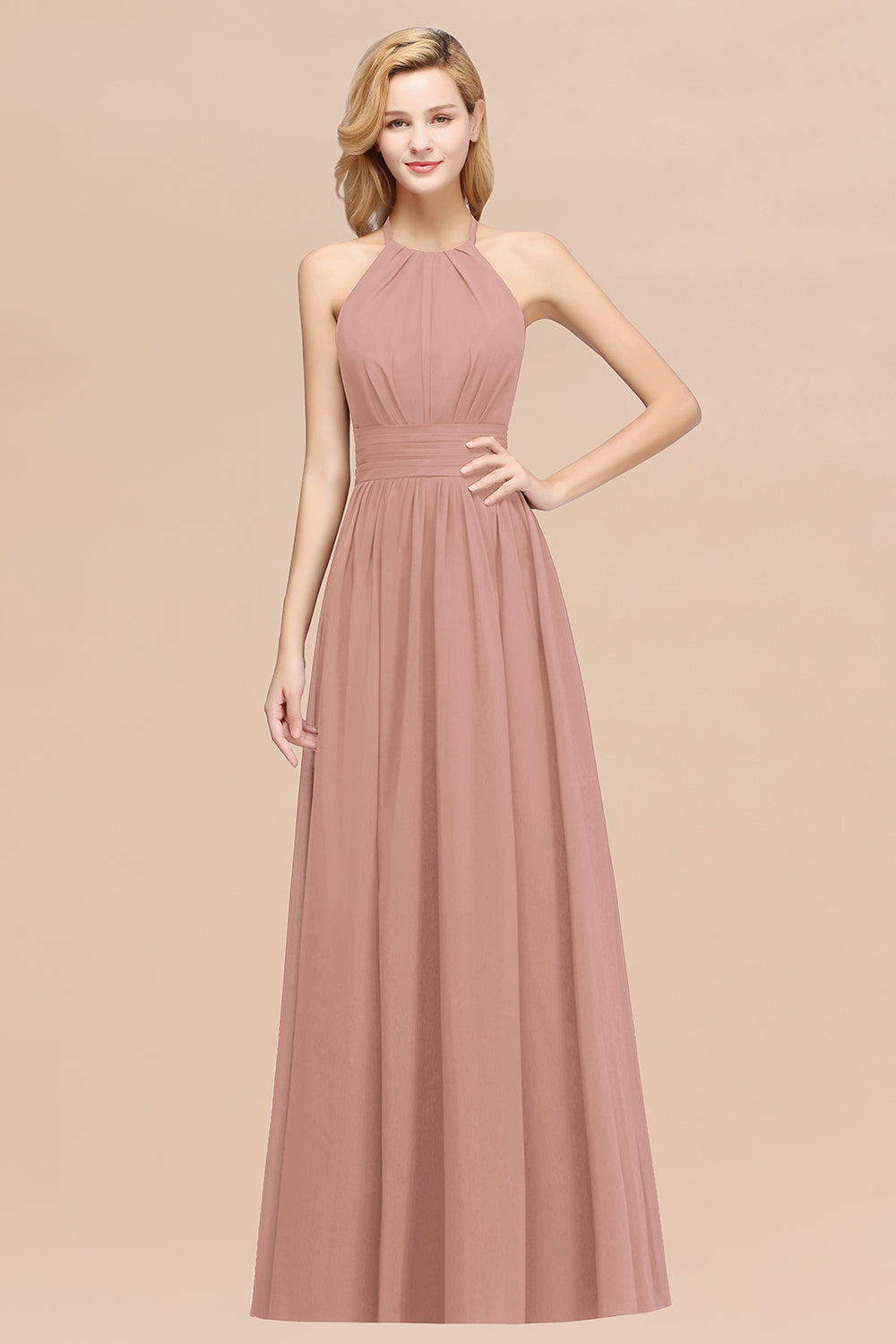 Elegant High-Neck Halter Long Affordable Bridesmaid dresses with Ruffles