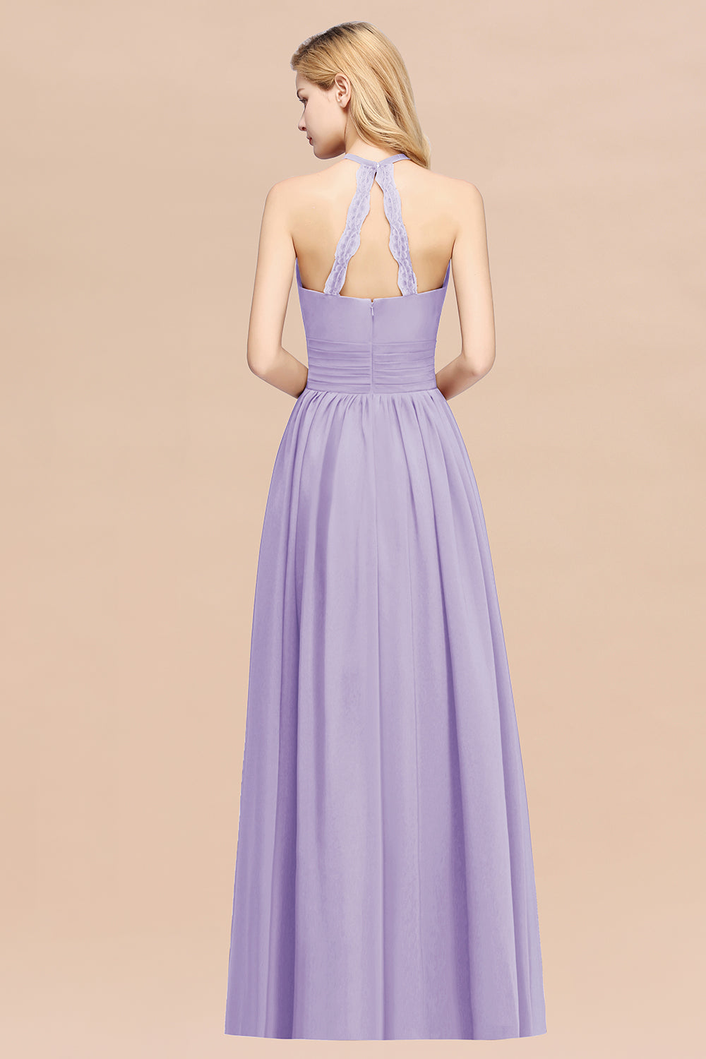 Elegant High-Neck Halter Long Affordable Bridesmaid dresses with Ruffles