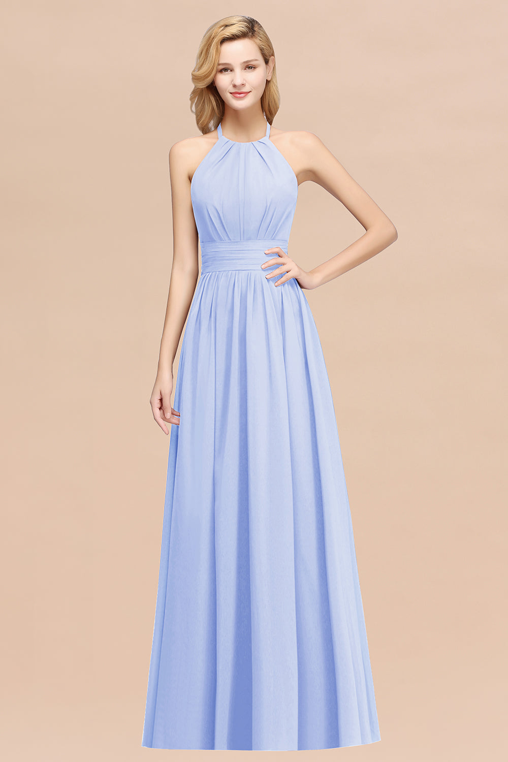 Elegant High-Neck Halter Long Affordable Bridesmaid dresses with Ruffles