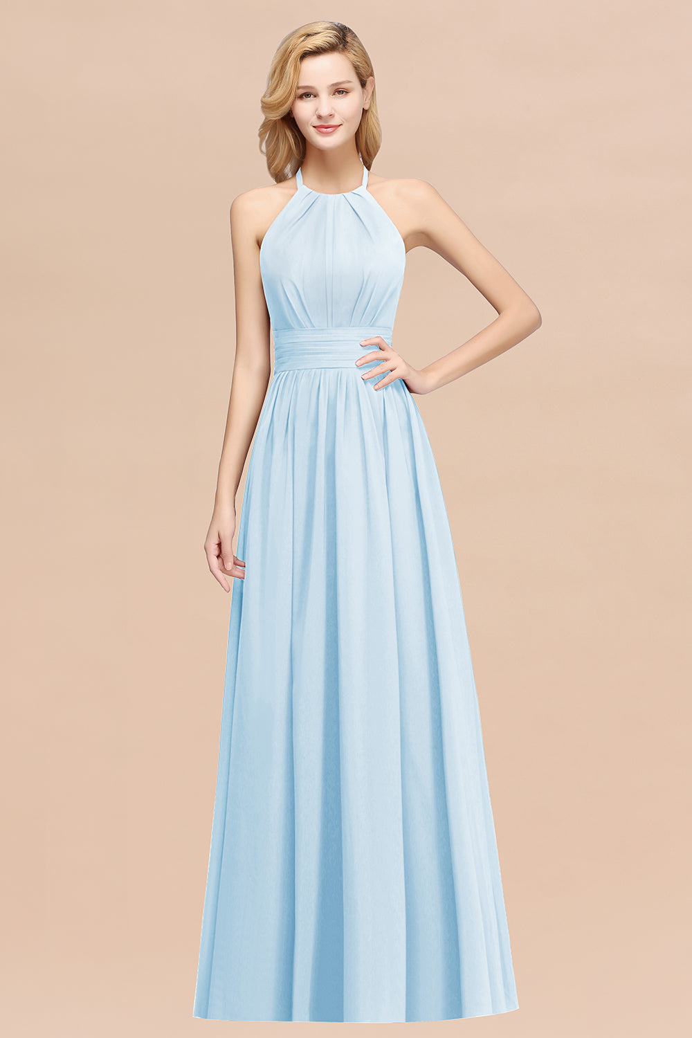 Elegant High-Neck Halter Long Affordable Bridesmaid dresses with Ruffles