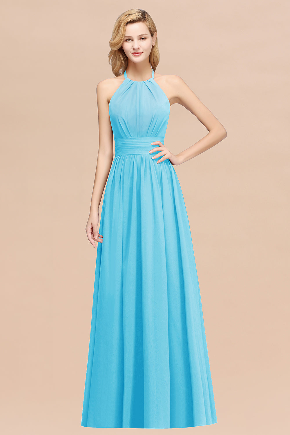 Elegant High-Neck Halter Long Affordable Bridesmaid dresses with Ruffles