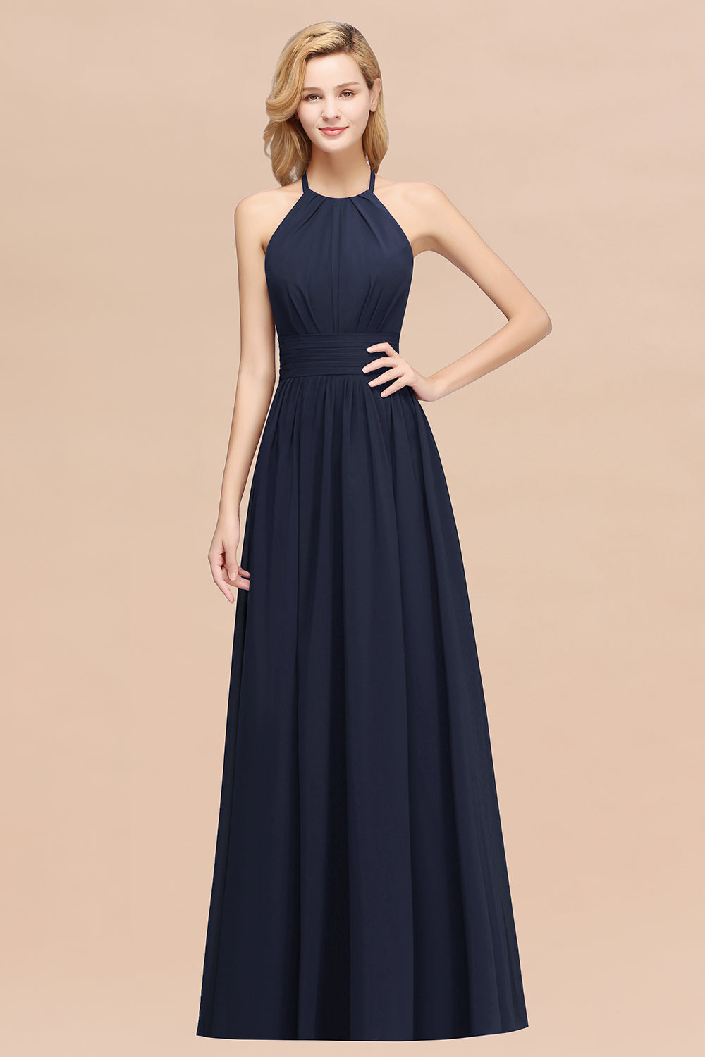 Elegant High-Neck Halter Long Affordable Bridesmaid dresses with Ruffles