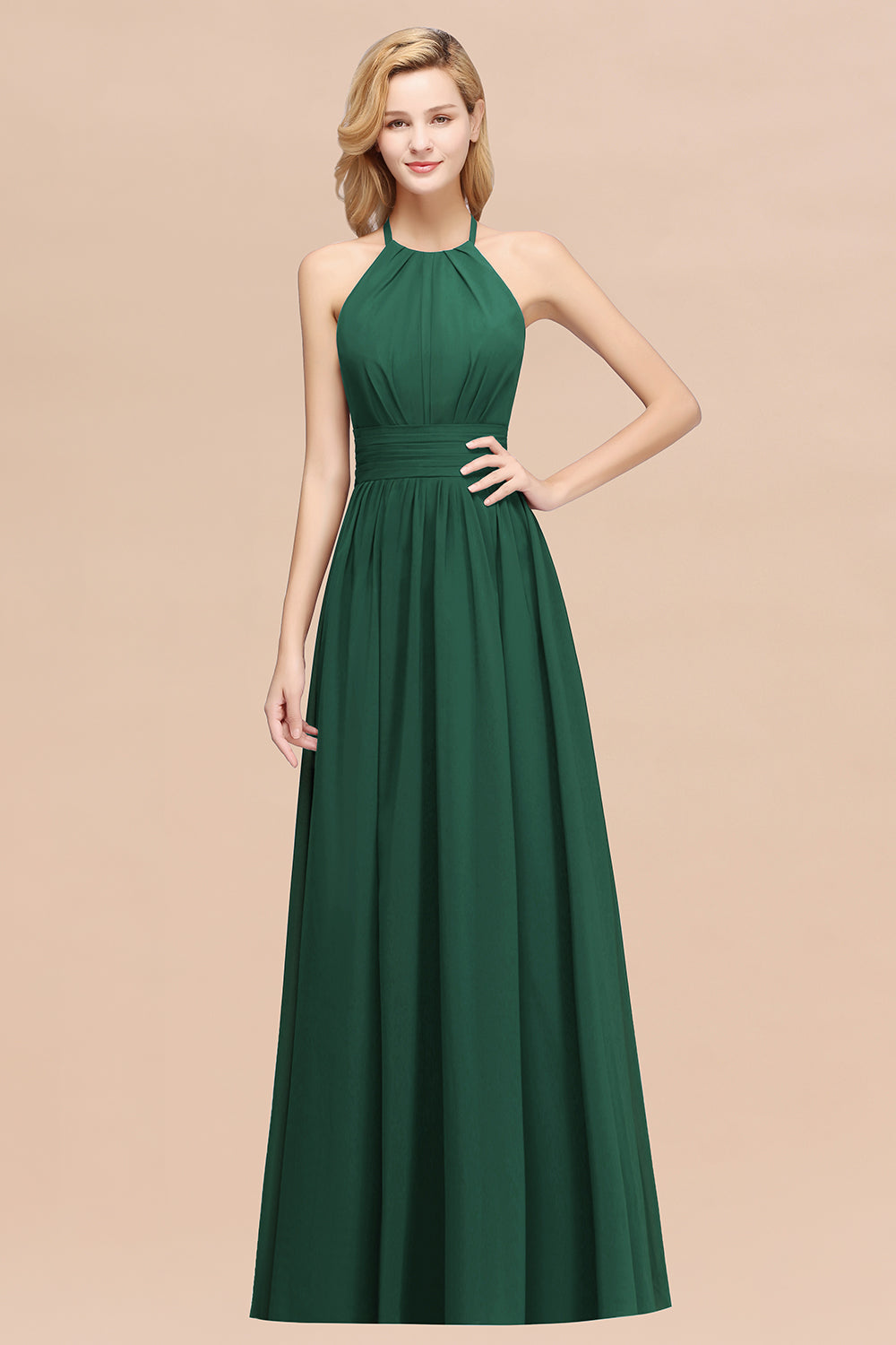 Elegant High-Neck Halter Long Affordable Bridesmaid dresses with Ruffles