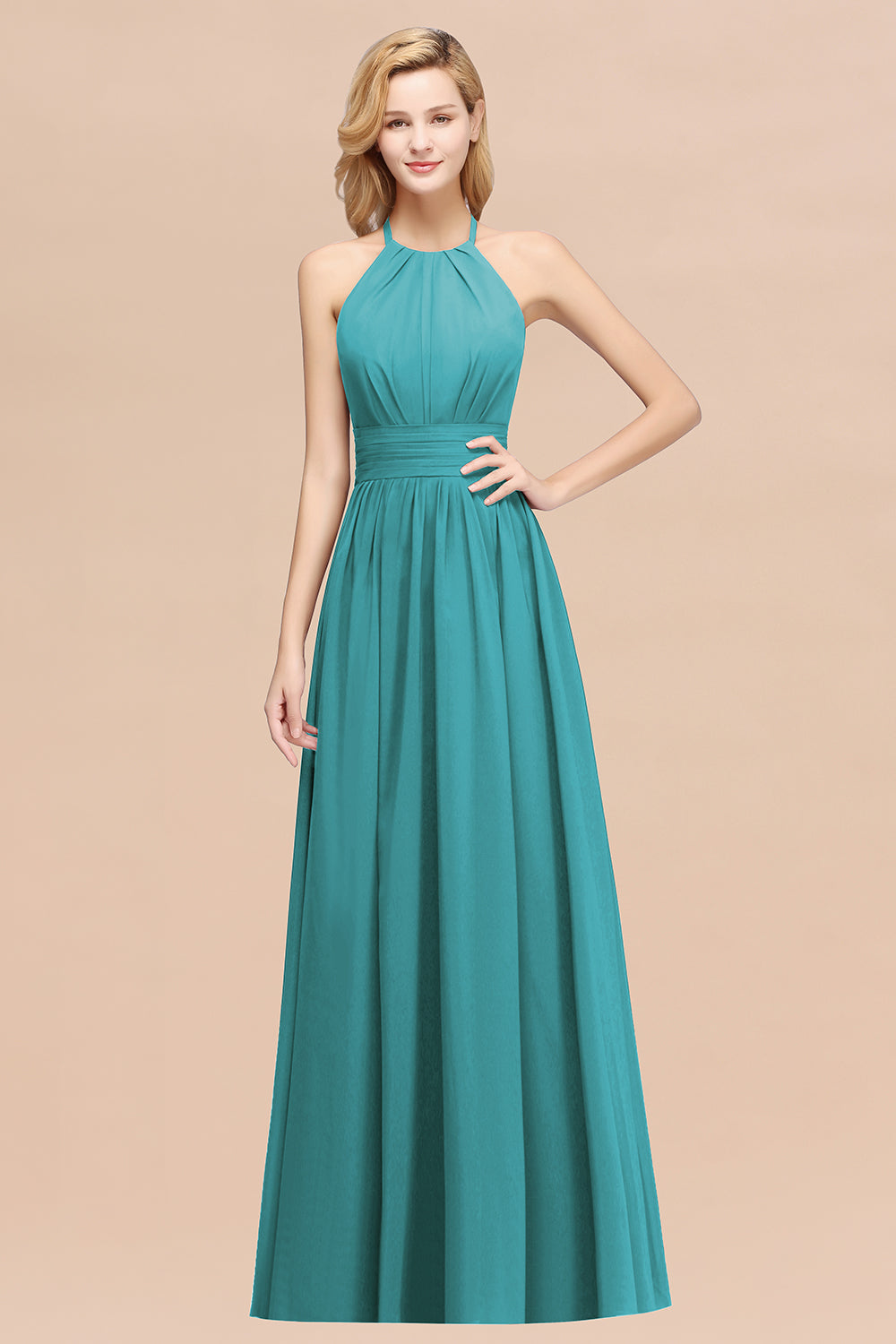 Elegant High-Neck Halter Long Affordable Bridesmaid dresses with Ruffles