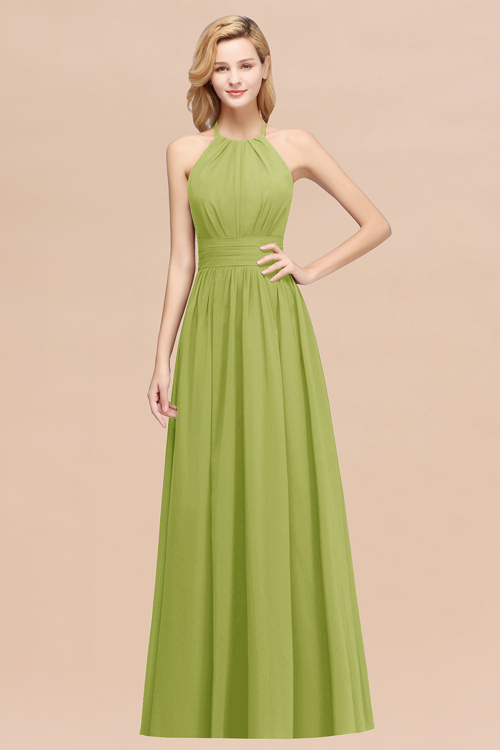 Elegant High-Neck Halter Long Affordable Bridesmaid dresses with Ruffles