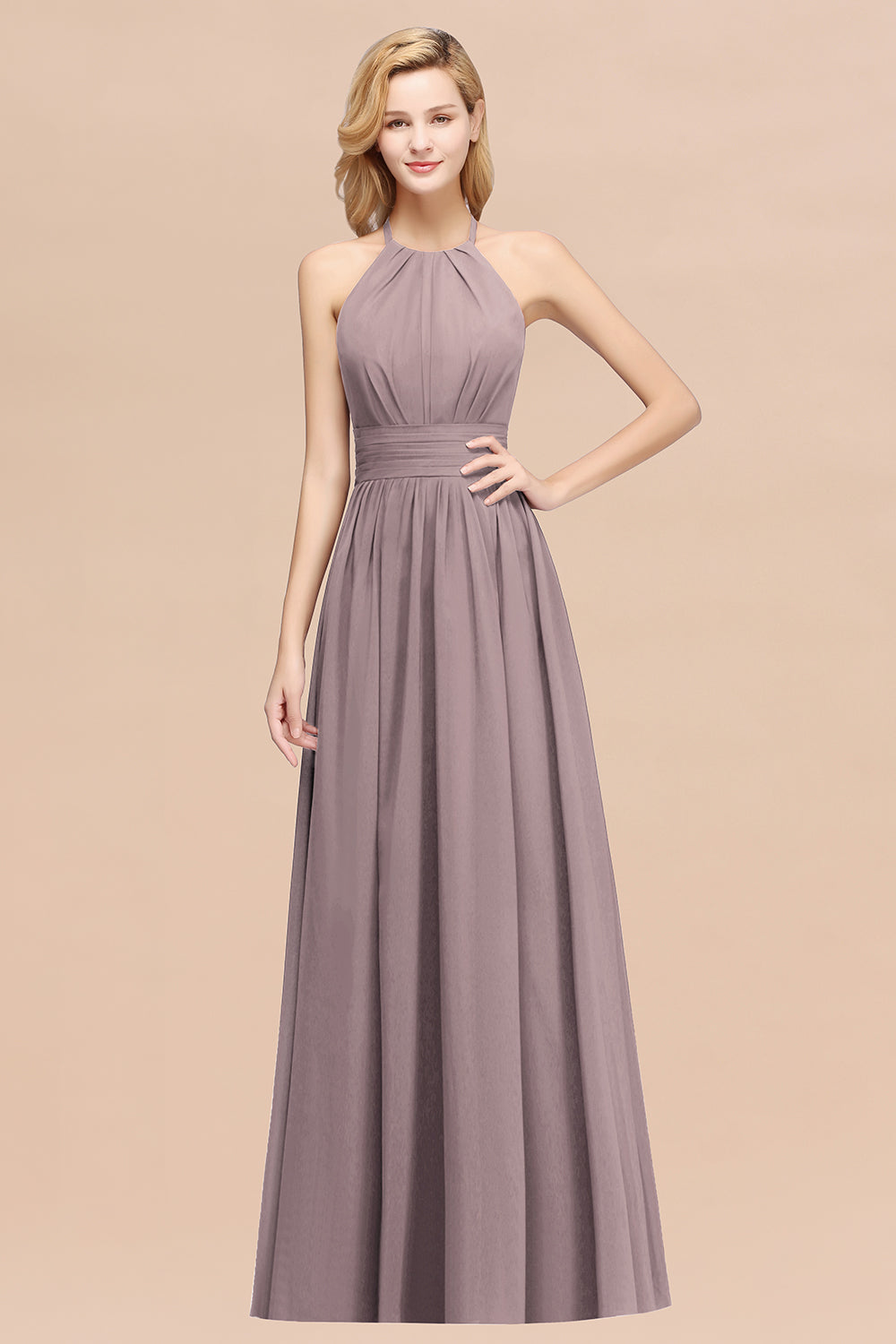 Elegant High-Neck Halter Long Affordable Bridesmaid dresses with Ruffles