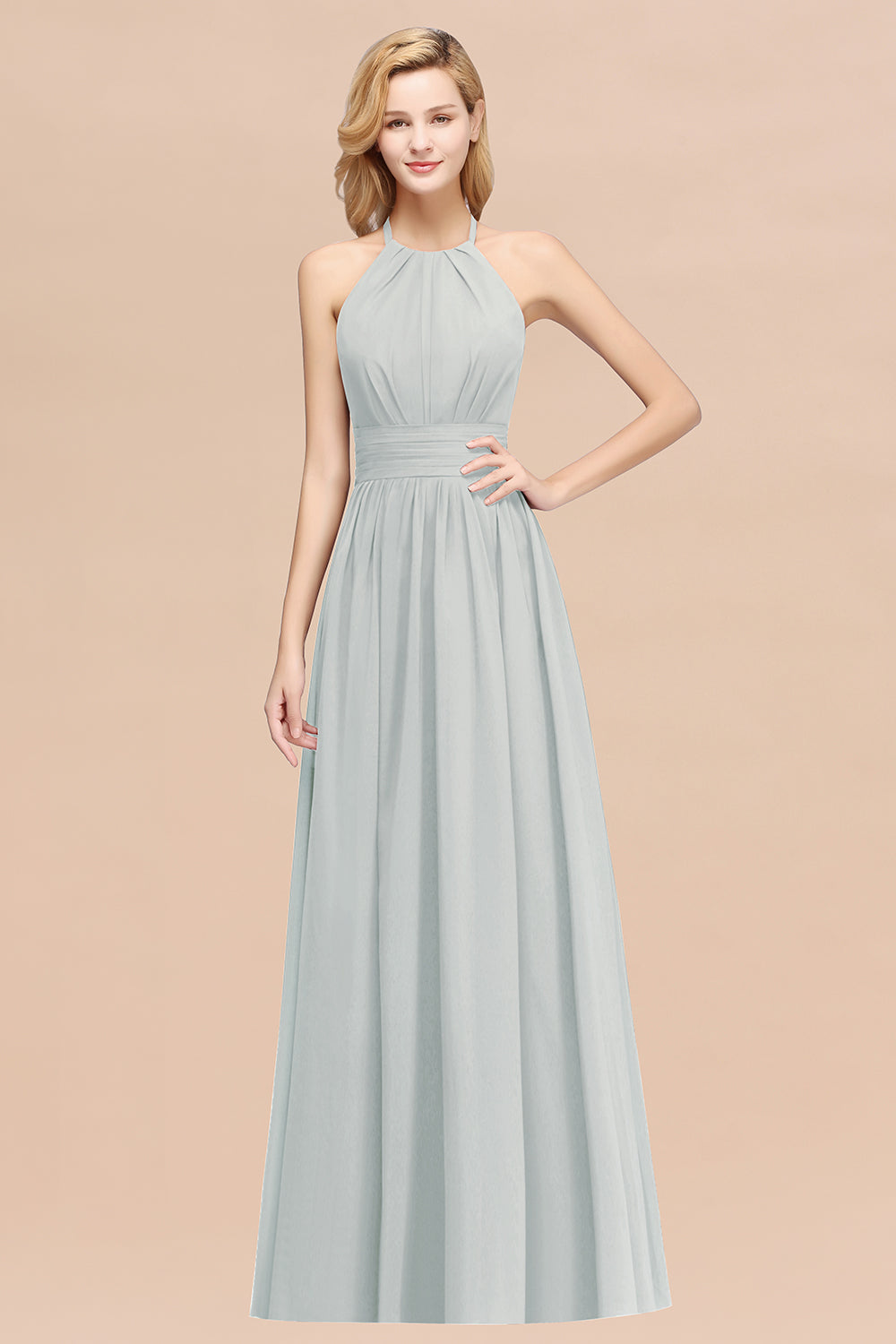 Elegant High-Neck Halter Long Affordable Bridesmaid dresses with Ruffles