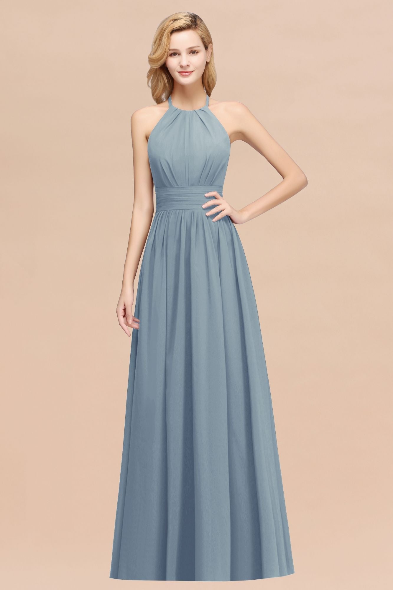 Elegant High-Neck Halter Long Affordable Bridesmaid dresses with Ruffles