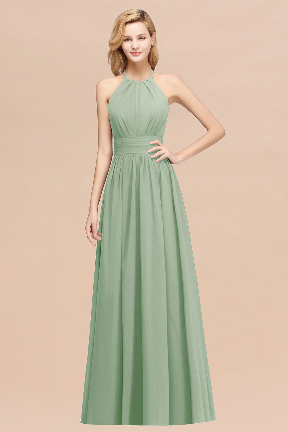 Elegant High-Neck Halter Long Affordable Bridesmaid dresses with Ruffles