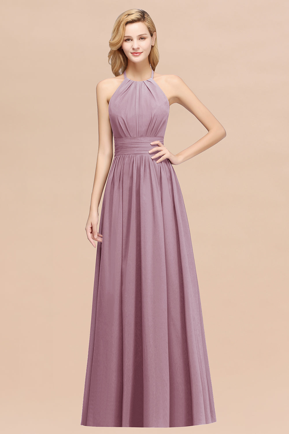 Elegant High-Neck Halter Long Affordable Bridesmaid dresses with Ruffles