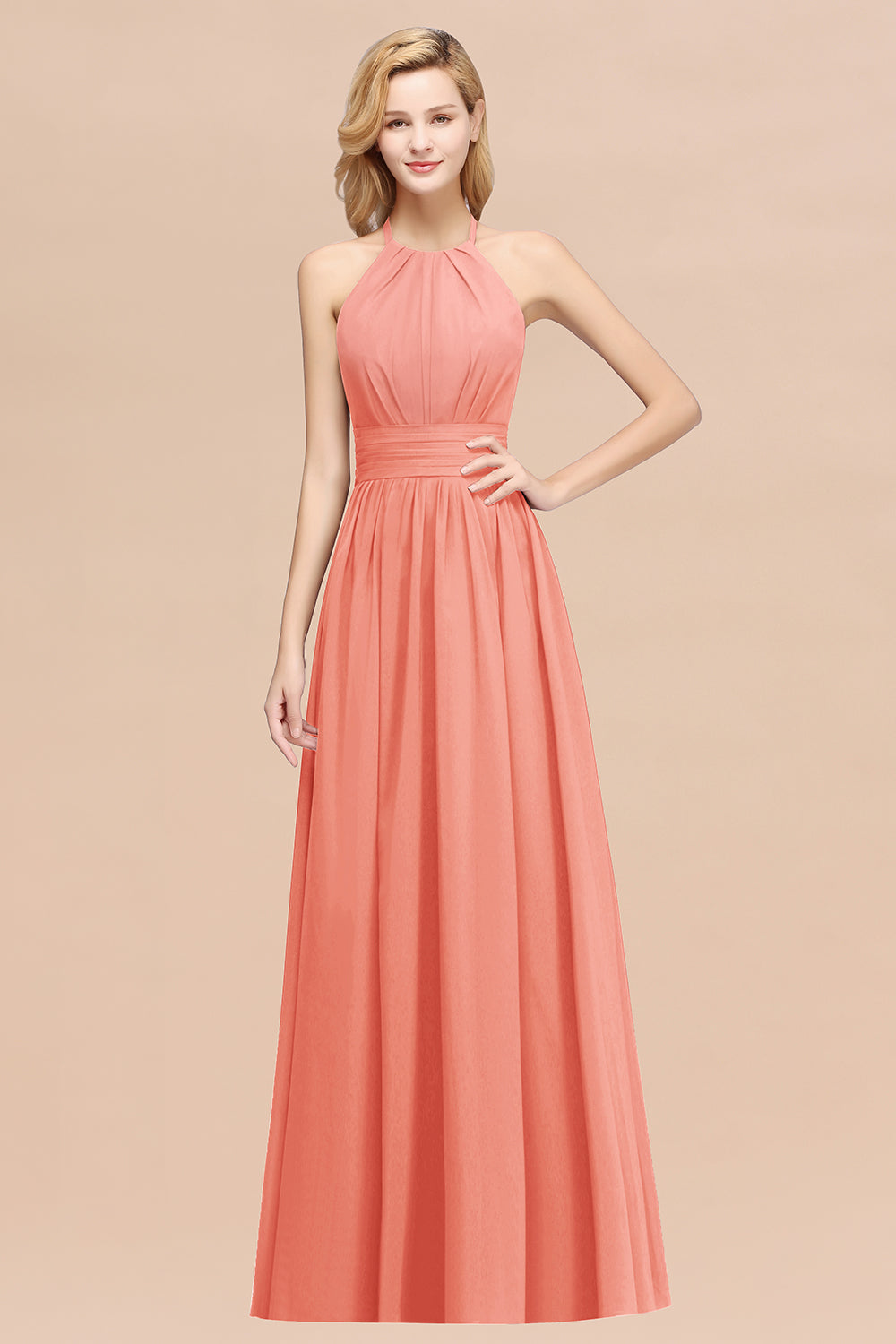 Elegant High-Neck Halter Long Affordable Bridesmaid dresses with Ruffles