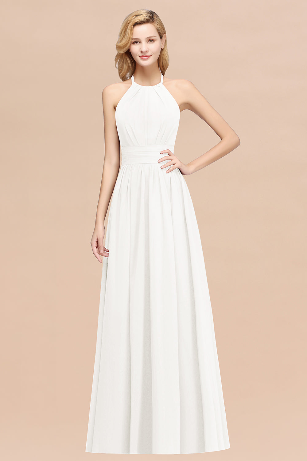 Elegant High-Neck Halter Long Affordable Bridesmaid dresses with Ruffles