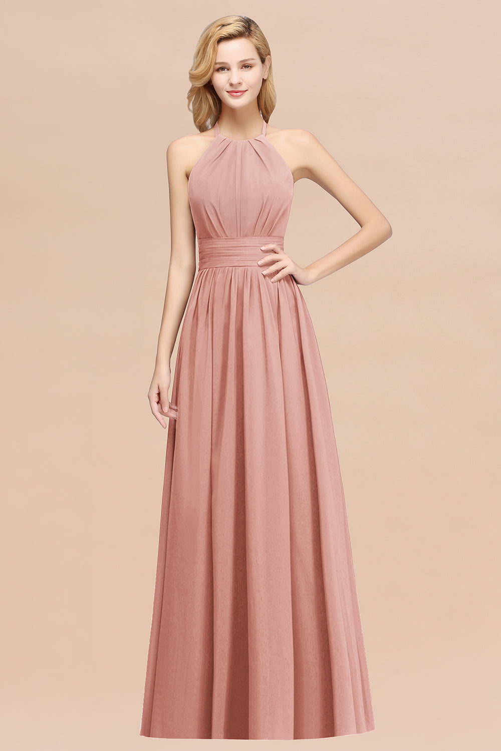 Elegant High-Neck Halter Long Affordable Bridesmaid dresses with Ruffles