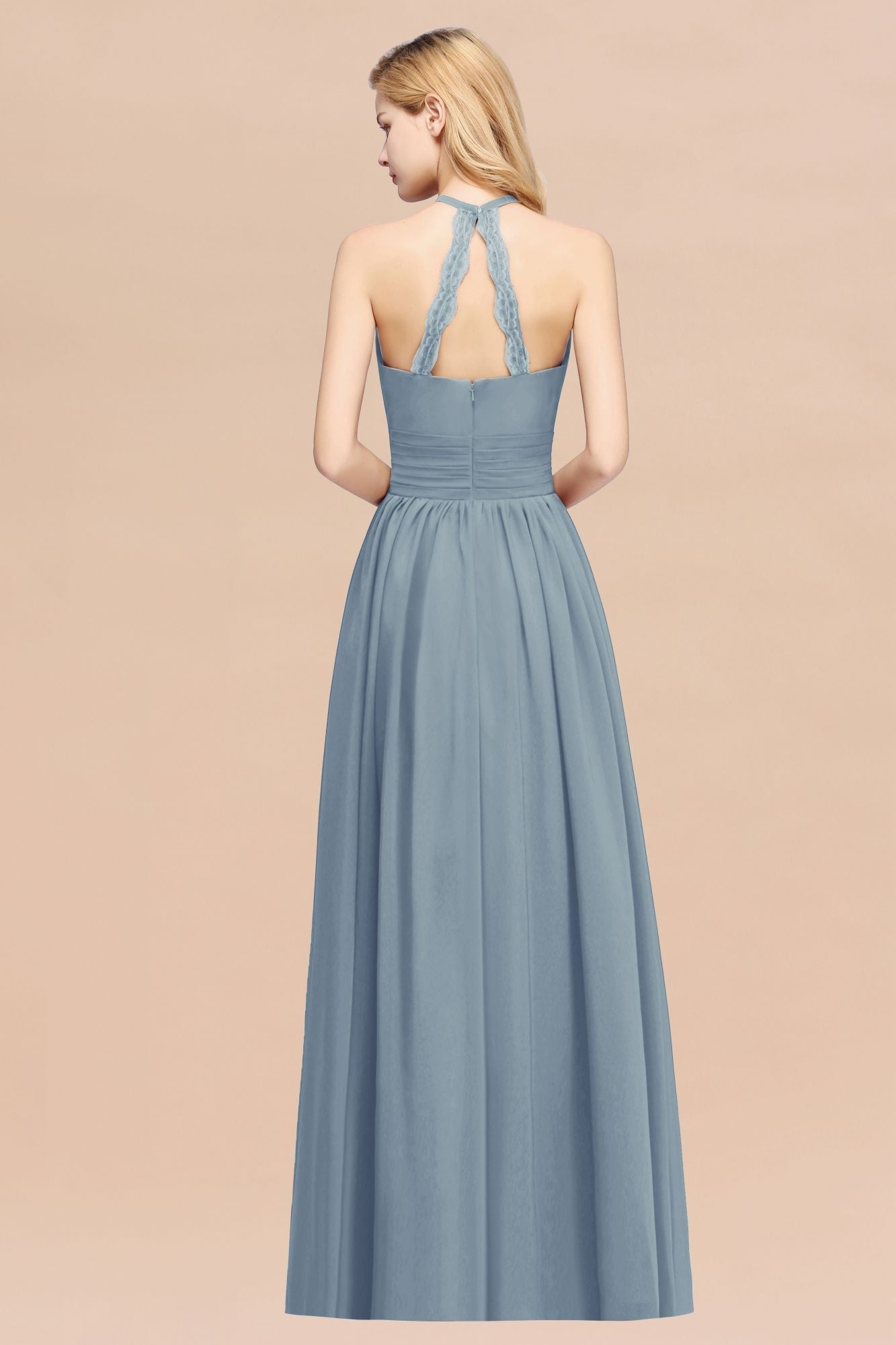 Elegant High-Neck Halter Long Affordable Bridesmaid dresses with Ruffles