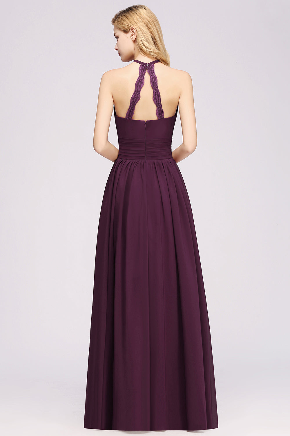 Elegant High-Neck Halter Long Affordable Bridesmaid dresses with Ruffles