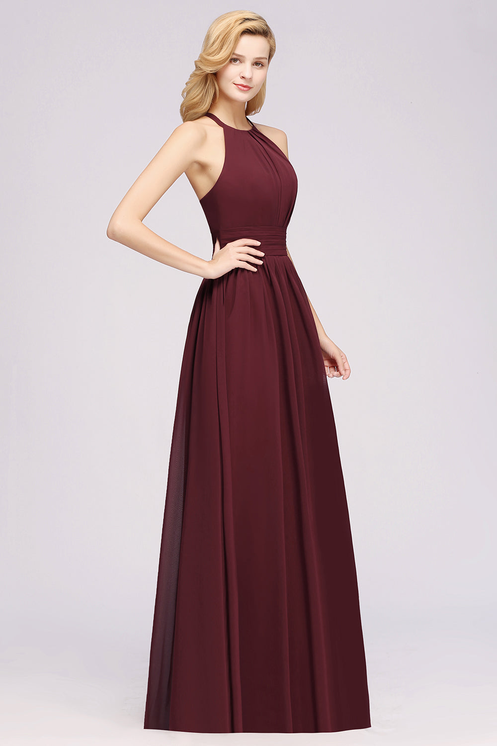 Elegant High-Neck Halter Long Affordable Bridesmaid dresses with Ruffles