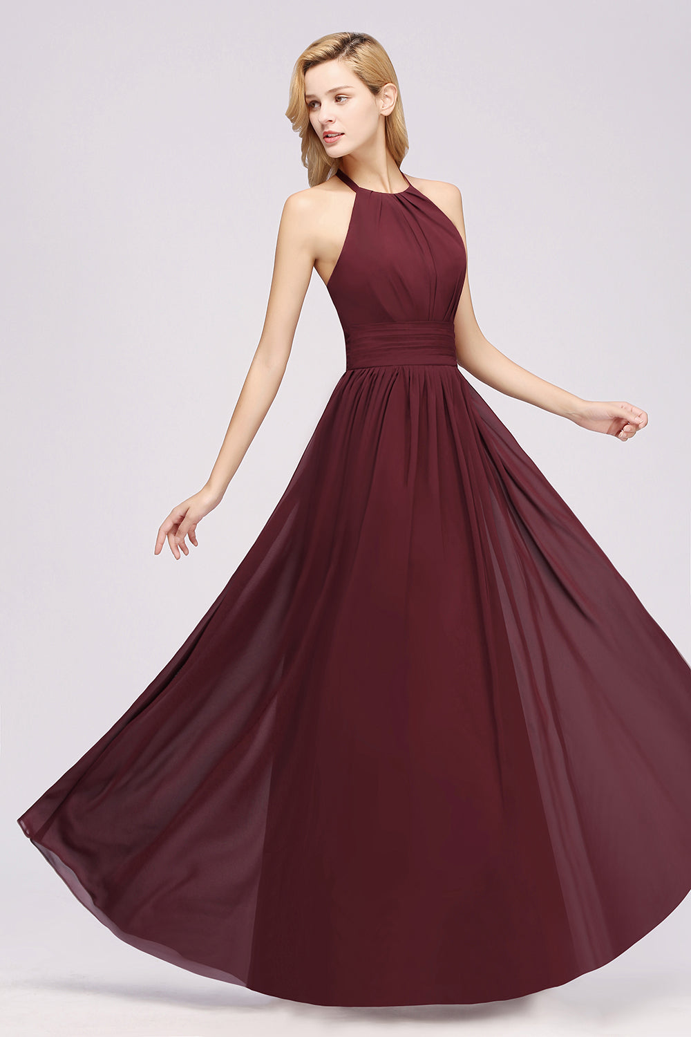 Elegant High-Neck Halter Long Affordable Bridesmaid dresses with Ruffles