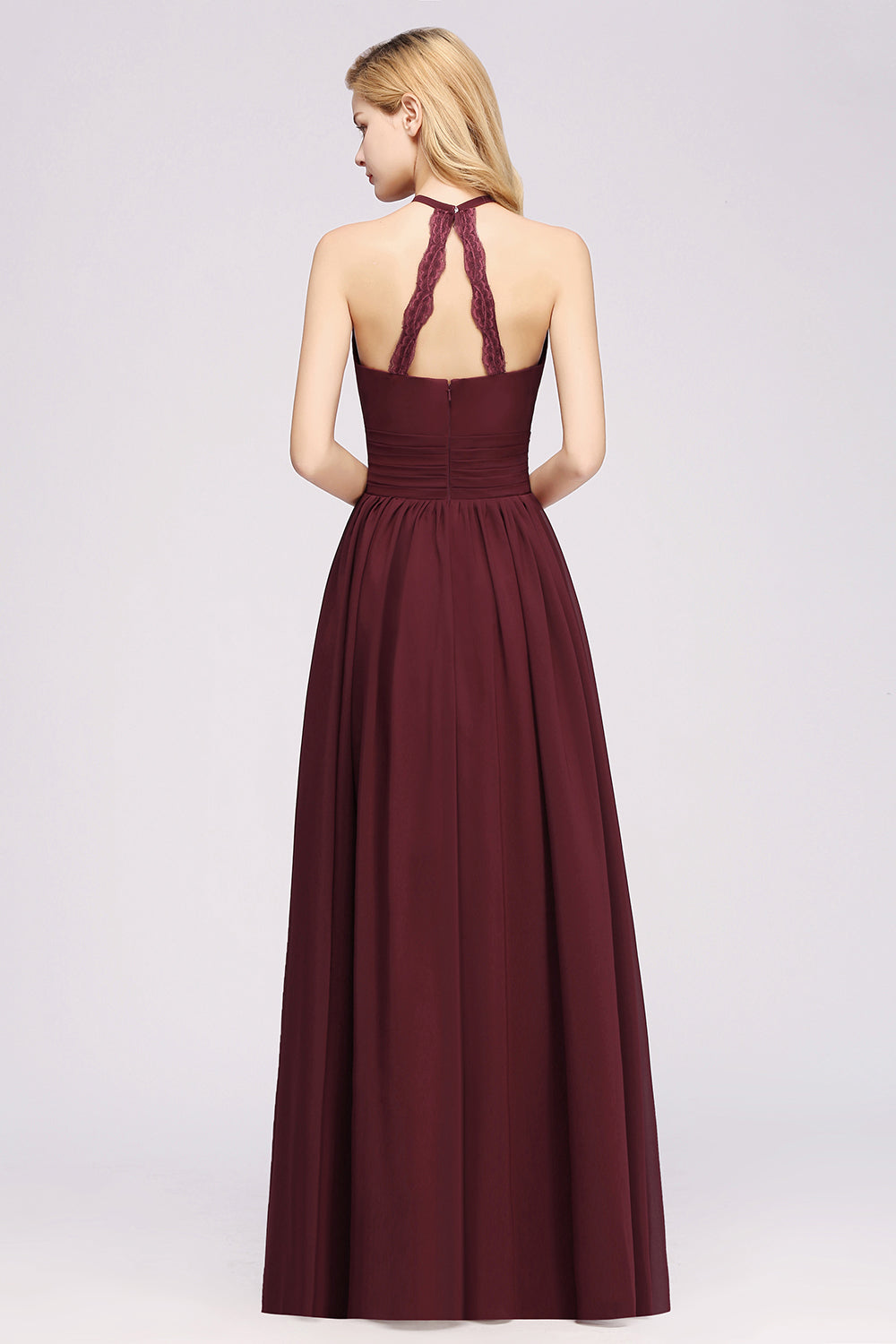 Elegant High-Neck Halter Long Affordable Bridesmaid dresses with Ruffles