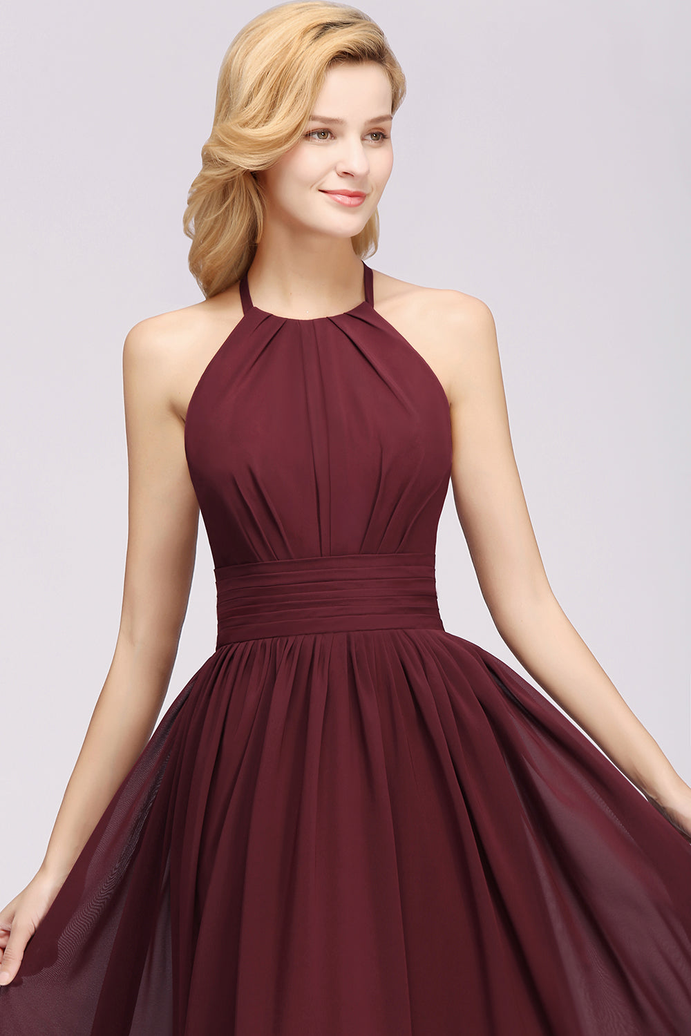 Elegant High-Neck Halter Long Affordable Bridesmaid dresses with Ruffles