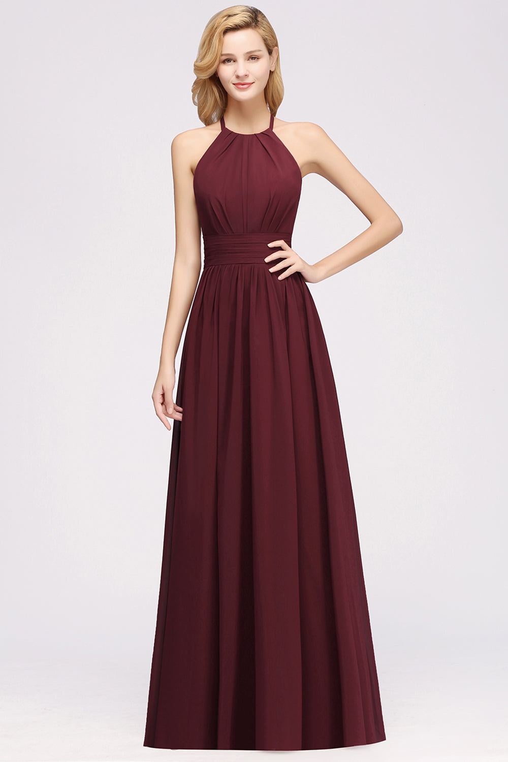 Elegant High-Neck Halter Long Affordable Bridesmaid dresses with Ruffles