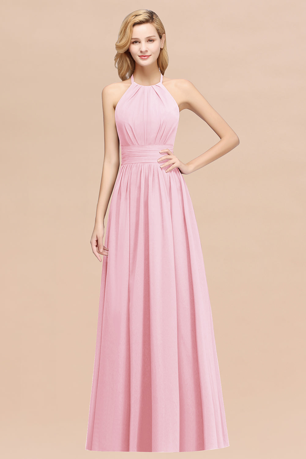 Elegant High-Neck Halter Long Affordable Bridesmaid dresses with Ruffles