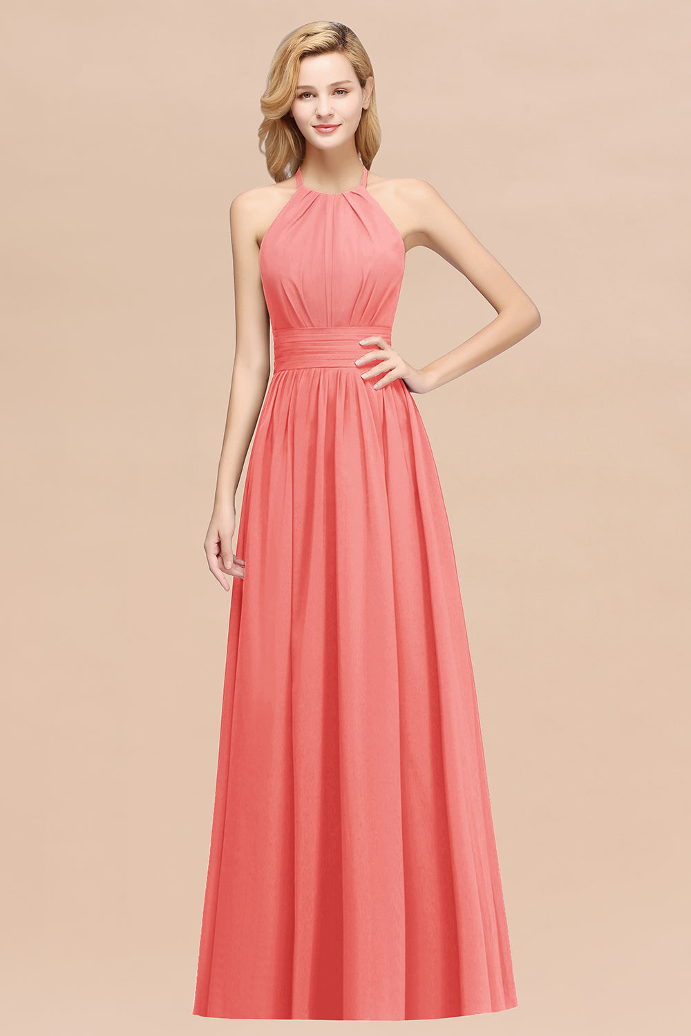 Elegant High-Neck Halter Long Affordable Bridesmaid dresses with Ruffles