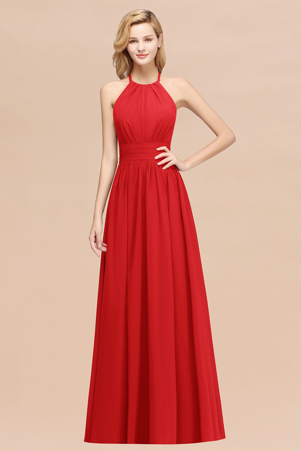 Elegant High-Neck Halter Long Affordable Bridesmaid dresses with Ruffles