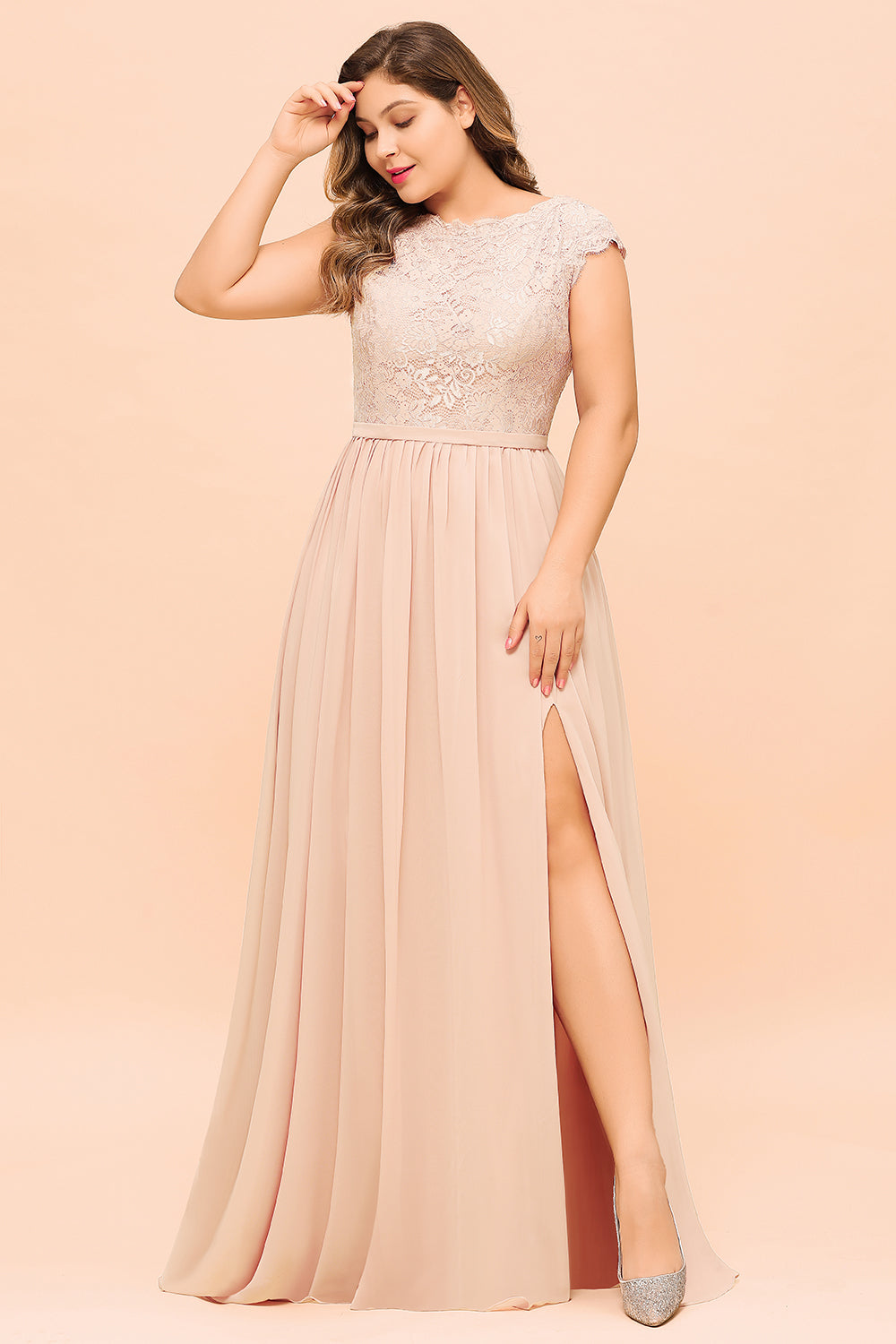 Elegant Jewel Chiffon Lace Affordable Bridesmaid dresses with Slit