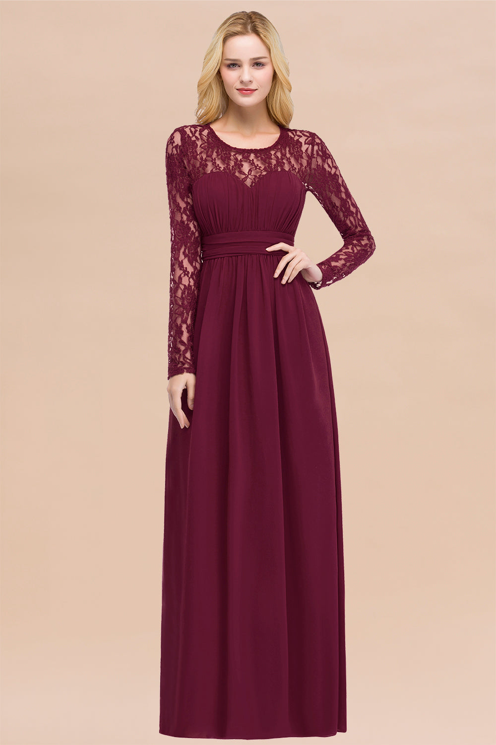 Elegant Lace Burgundy Bridesmaid dresses with Long Sleeves