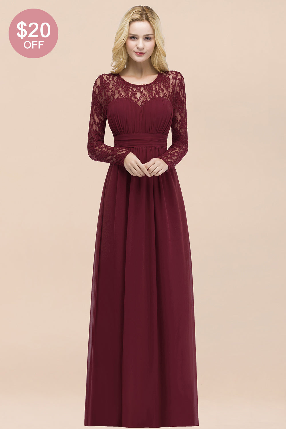 Elegant Lace Burgundy Bridesmaid dresses with Long Sleeves