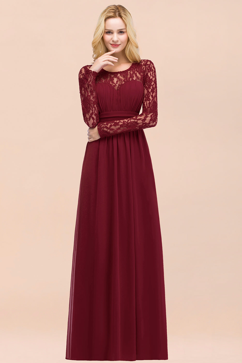 Elegant Lace Burgundy Bridesmaid dresses with Long Sleeves