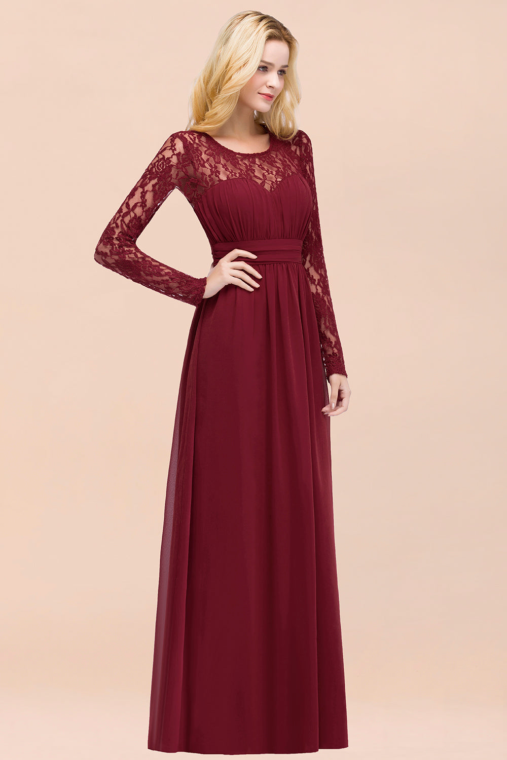 Elegant Lace Burgundy Bridesmaid dresses with Long Sleeves