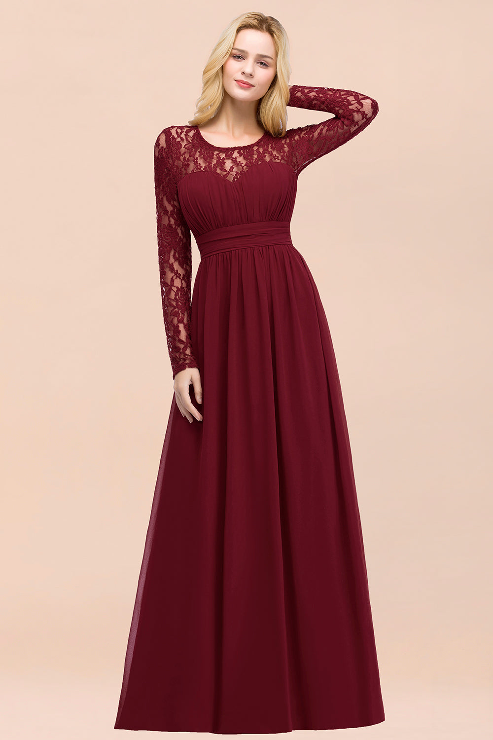 Elegant Lace Burgundy Bridesmaid dresses with Long Sleeves