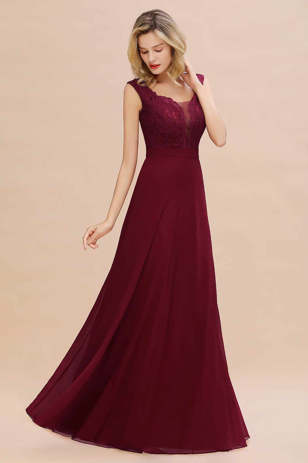 Elegant Lace Deep V-Neck Burgundy Bridesmaid Dresses Affordable