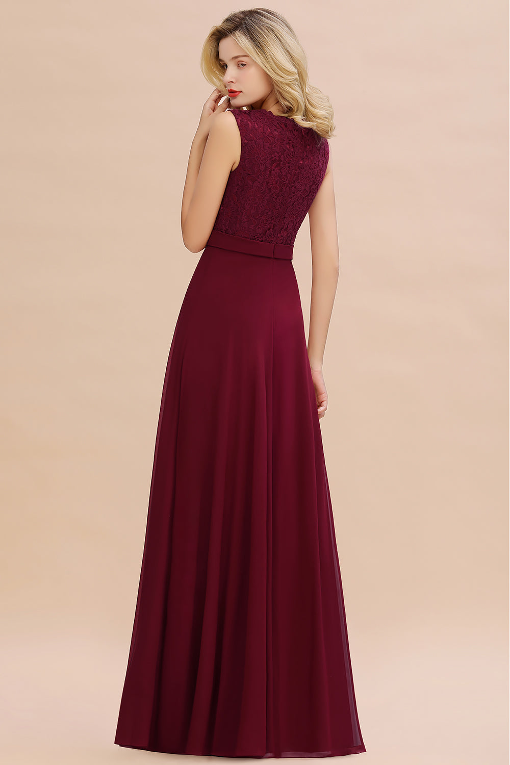 Elegant Lace Deep V-Neck Burgundy Bridesmaid Dresses Affordable