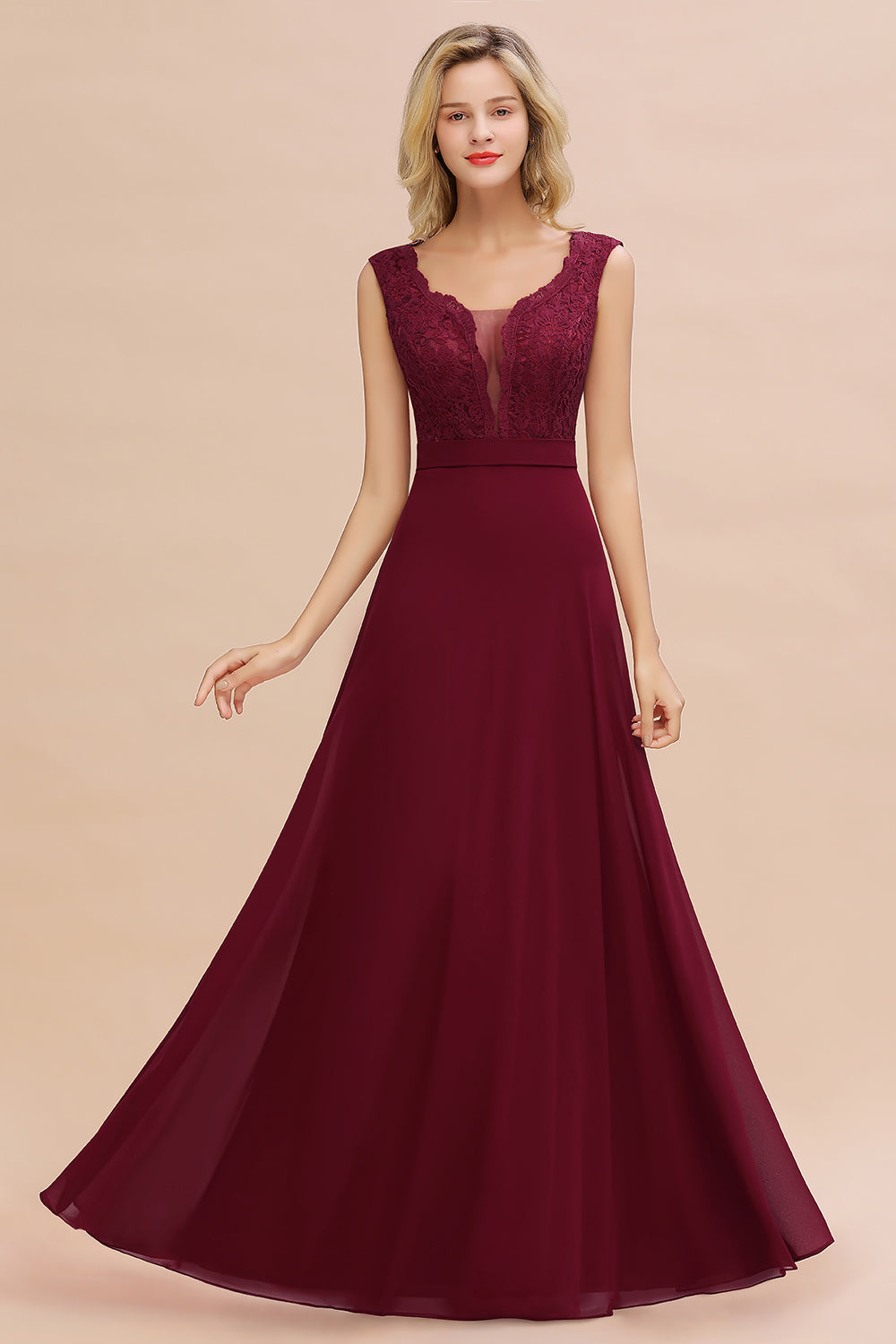 Elegant Lace Deep V-Neck Burgundy Bridesmaid Dresses Affordable