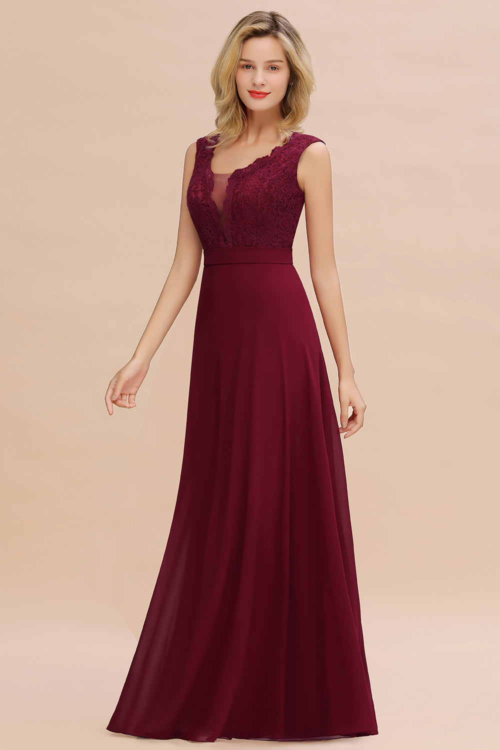 Elegant Lace Deep V-Neck Burgundy Bridesmaid Dresses Affordable