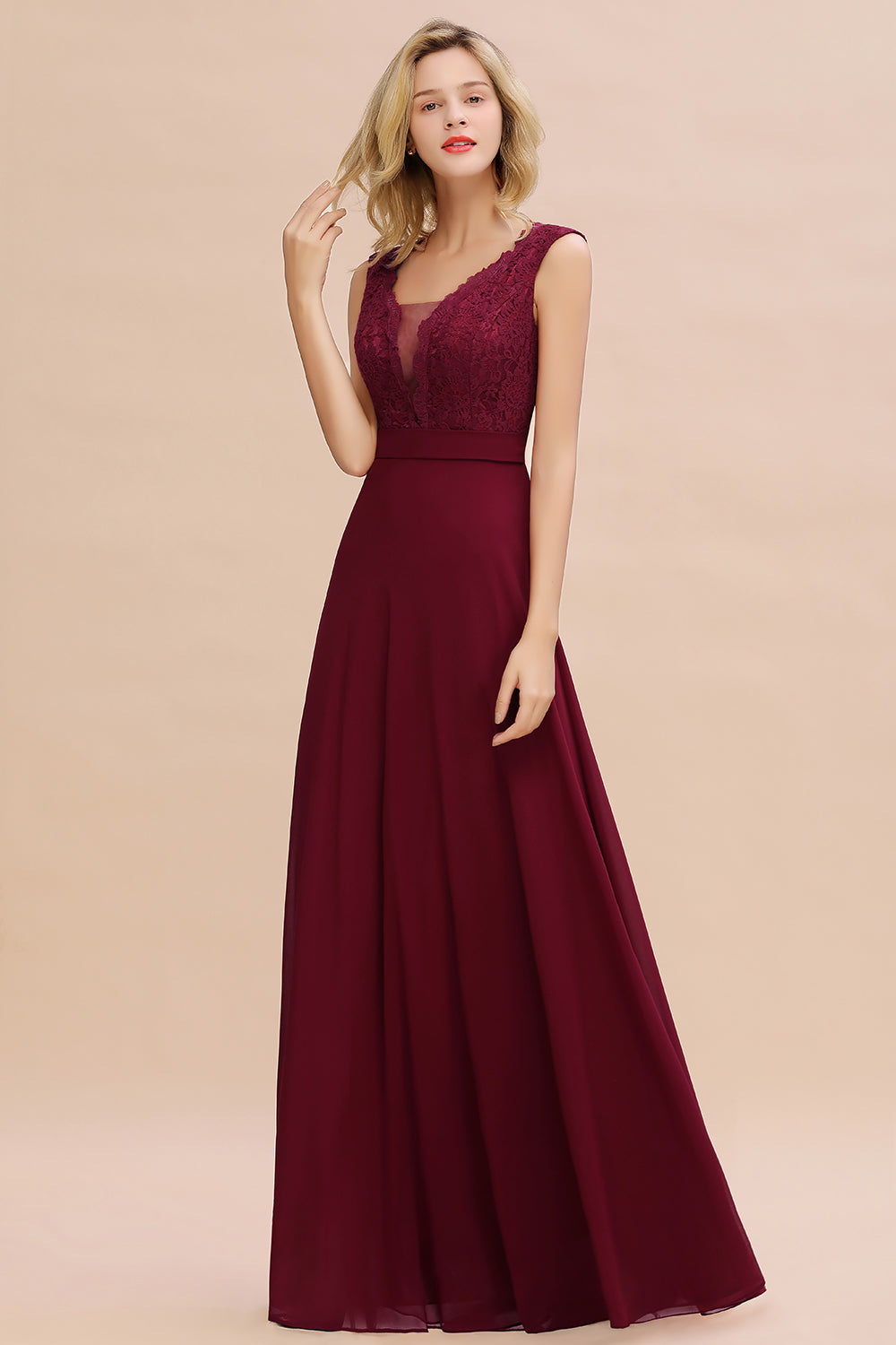 Elegant Lace Deep V-Neck Burgundy Bridesmaid Dresses Affordable